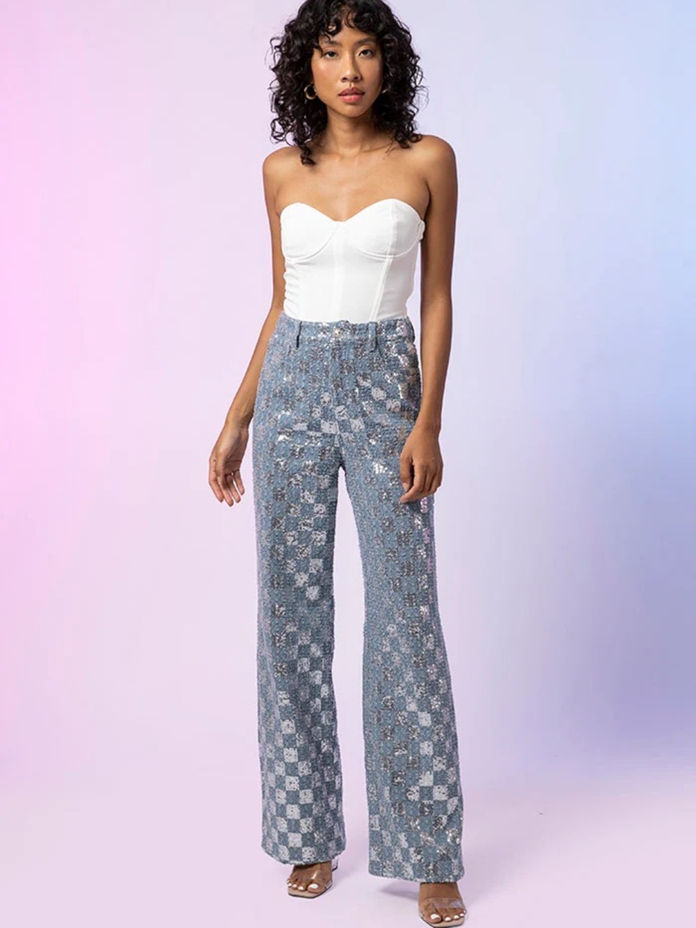 Line & Dot Blue Checkered Sequin Wide-Leg Pants
